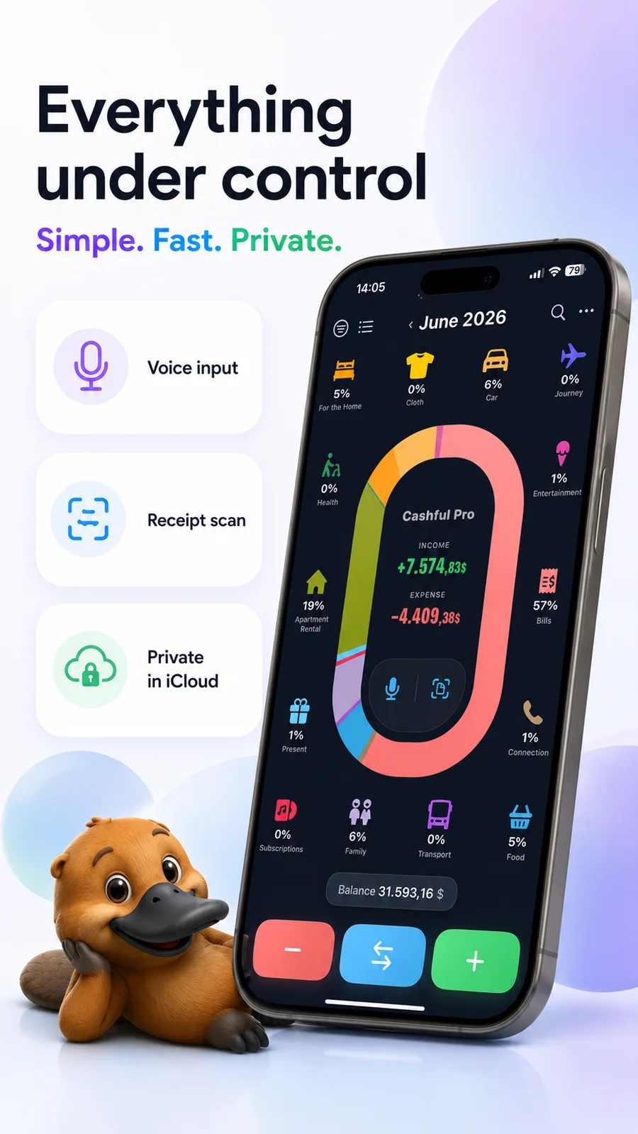 Cashful home screen on iPhone: a colourful donut chart of monthly income and expenses, with voice input and receipt scan.