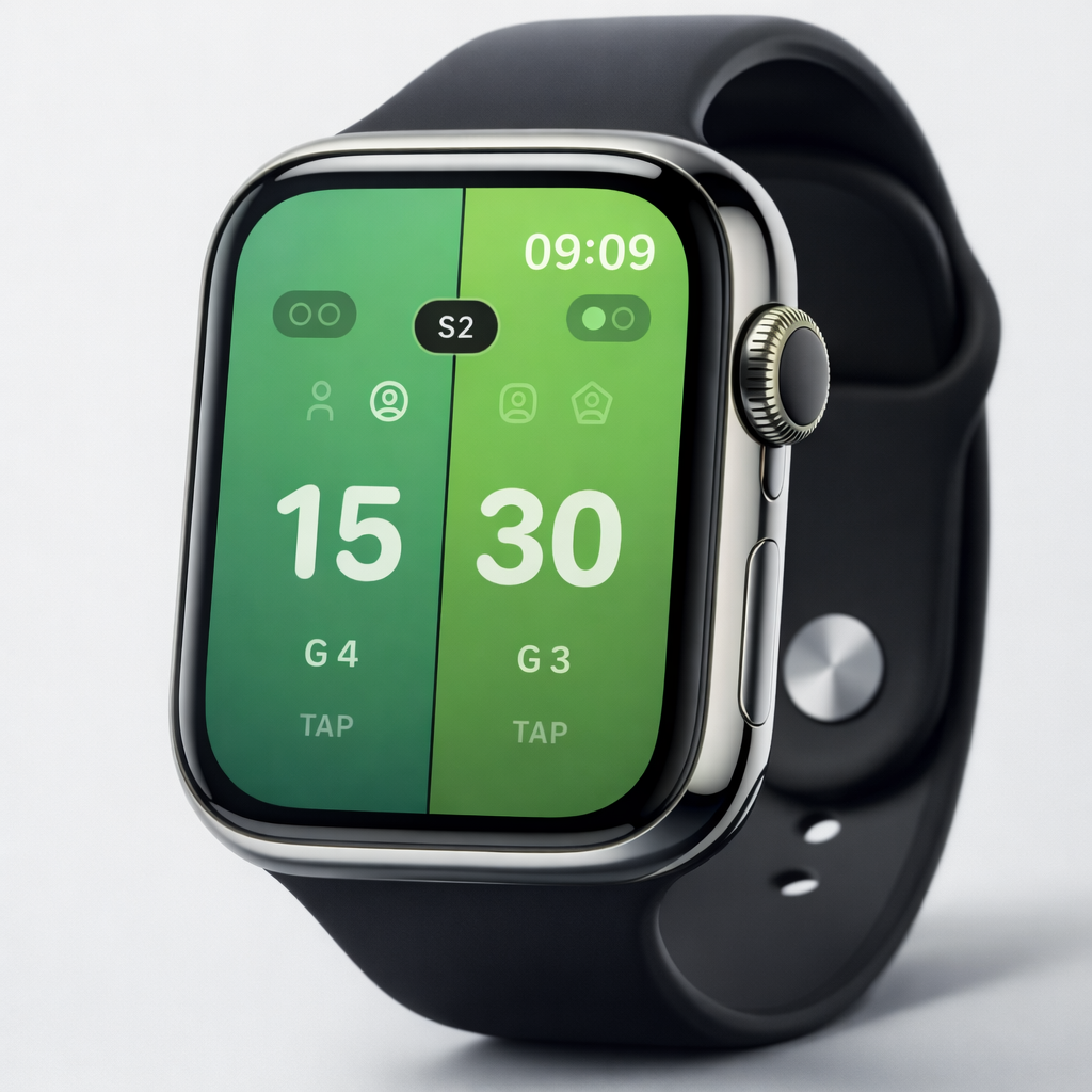 PadelV scoreboard on Apple Watch — left side 15 game 4, right side 30 game 3, set S2, time 09:09.