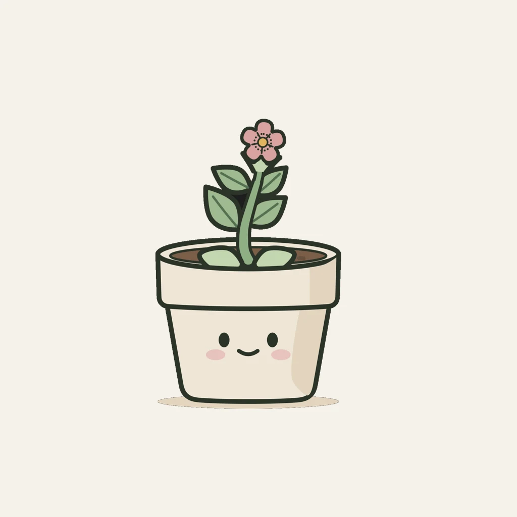 Pennypot's mascot: a smiling flower pot with a young plant in bloom, on warm paper.