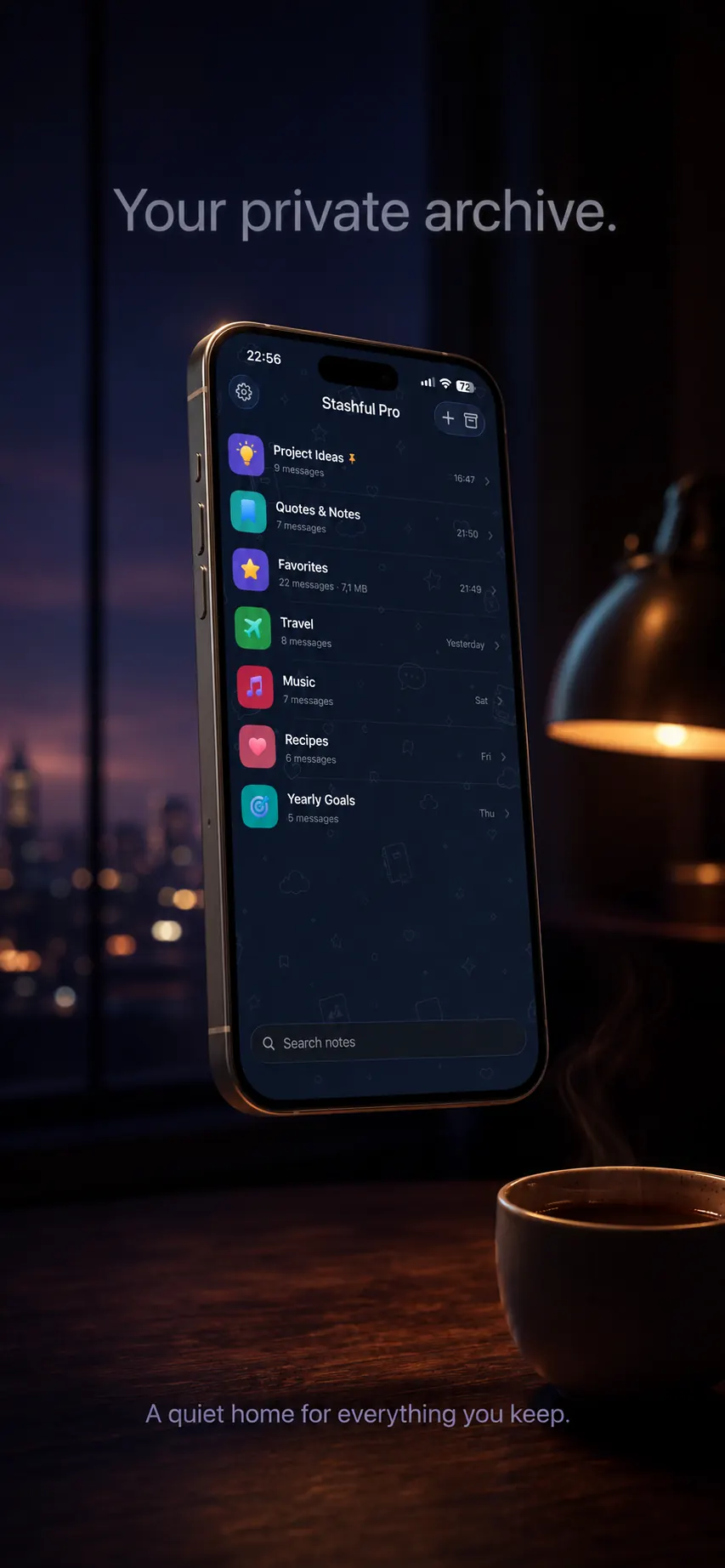 Stashful on iPhone: a list of topic chats for saved notes, links, files and memories, lit by a desk lamp.