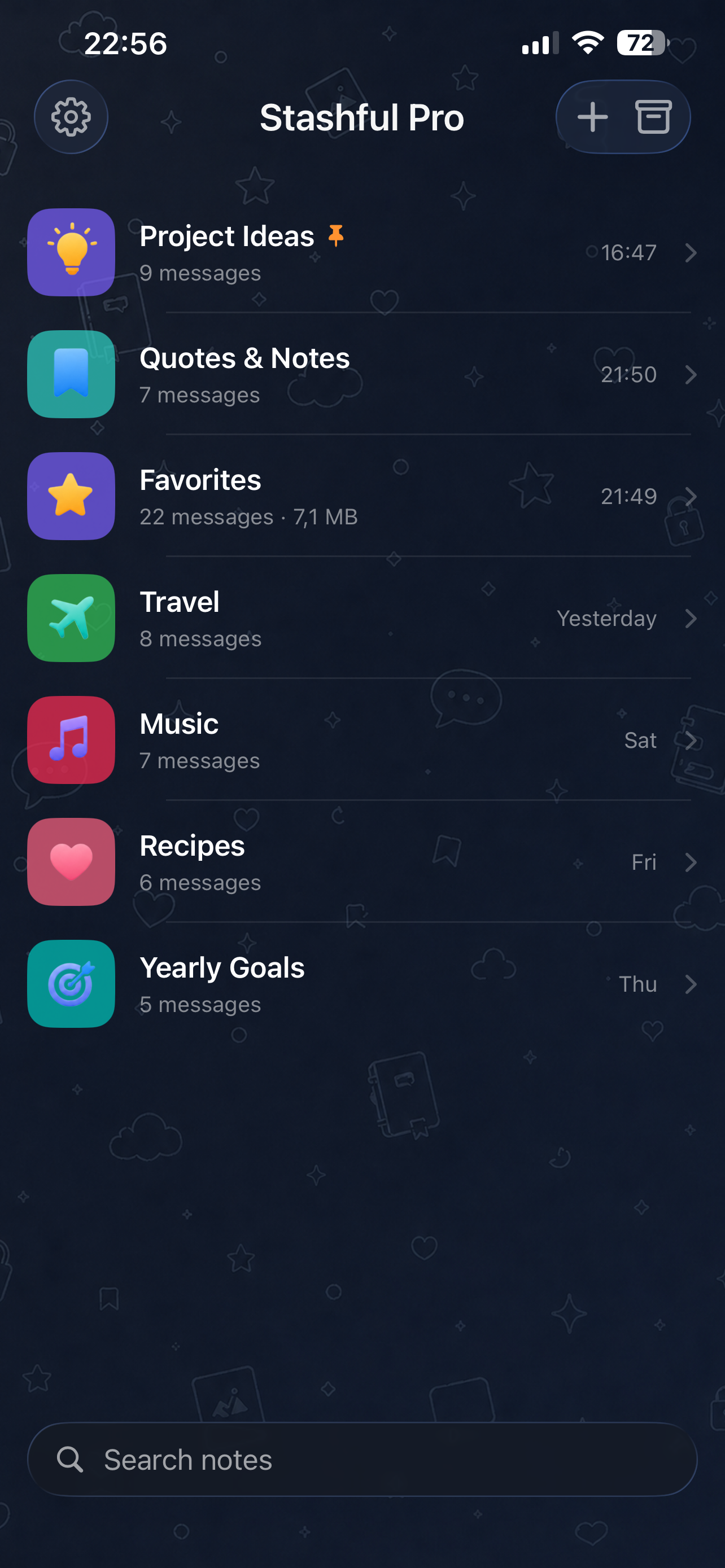 Stashful on iPhone — a list of topic chats for saved notes, links, files, and memories.